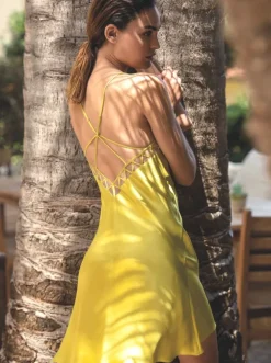 100% Seide Nachthemd MODERN PIPING gelb-grün von Luna di Seta