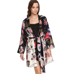 Kimono Baumwolle mit Seide FELICIA schwarz bunt von Gattina