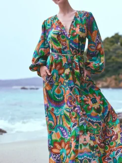 Langarm Feinbatist mit Seide Strandkleid ATHENA in grün-bunt von Marjolaine