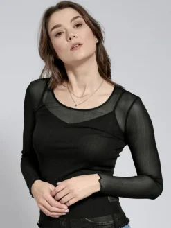 Langarm Rundhals Shirt NETZTÜLL 100% Seide von Kokon Zwo