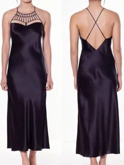 Langes Seidennegligé ICONIC PIPING schwarz von Luna di Seta