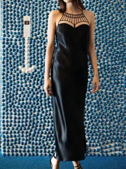 Langes Seidennegligé ICONIC PIPING schwarz von Luna di Seta