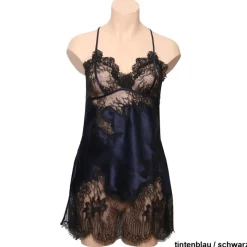 LAST PIECE Seide Negligé CHANTAGE kurz mit Spitze von Marjolaine blau Größe 42