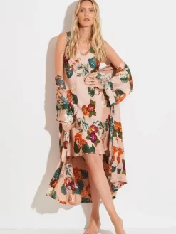 LAST PIECE Viscose Morgenmantel FLOWERS rosa-grün von Chiara Fiorini Größe 40