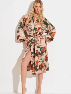 LAST PIECE Viscose Morgenmantel FLOWERS rosa-grün von Chiara Fiorini Größe 40