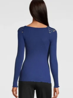 Merino Wolle-Seide LANGARMSHIRT gerippt blau Leavers Spitze von Oscalito