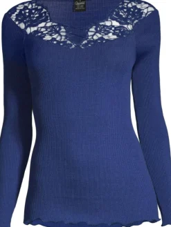 Merino Wolle-Seide LANGARMSHIRT gerippt blau Leavers Spitze von Oscalito