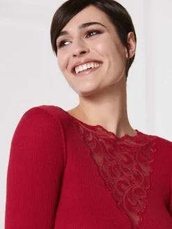 Merinowolle-Seide LANGARM SHIRT rot gerippt von Oscalito