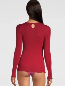 Merinowolle-Seide LANGARM SHIRT rot gerippt von Oscalito