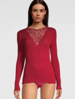 Merinowolle-Seide LANGARM SHIRT rot gerippt von Oscalito