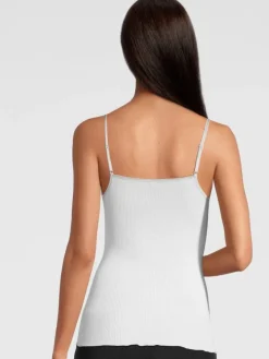 Merinowolle-Seide Spaghettiträger Unterhemd gerippt mit Calais Spitze von Oscalito