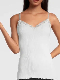 Merinowolle-Seide Spaghettiträger Unterhemd gerippt mit Calais Spitze von Oscalito