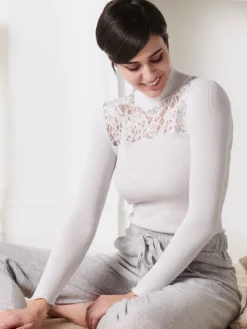 Merinowolle-Seide TURTLENECK SHIRT silber Leavers Spitze von Oscalito