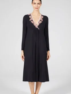 Modal Langarm Nachtkleid wadenlang schwarz-rosa von Verdiani