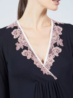 Modal Langarm Nachtkleid wadenlang schwarz-rosa von Verdiani