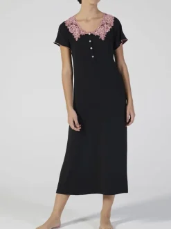 Modal Nachtkleid mit Spitze wadenlang schwarz-rosa von Verdiani