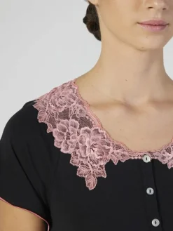 Modal Nachtkleid mit Spitze wadenlang schwarz-rosa von Verdiani