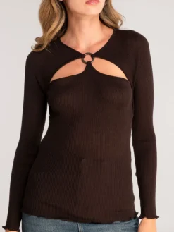 Modisches Wolle-Seide LANGARMSHIRT gerippt in schokobraun von Oscalito