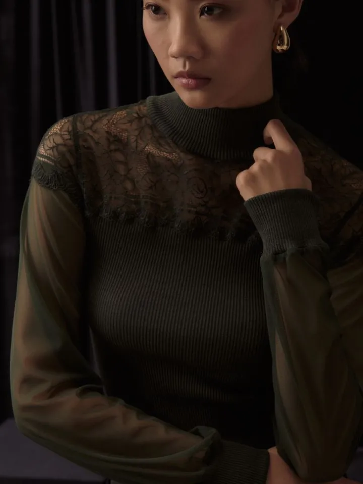 Moosgrünes Wolle-Seide Rippjersey LANGARMSHIRT mit Tüllärmeln von Oscalito