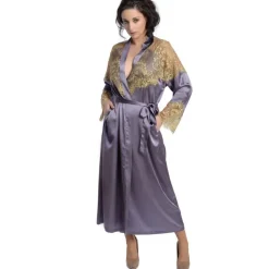 Seide Morgenmantel lang SERENATA schwarz mit goldener Spitze GATTINA