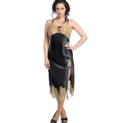 Seide Negligé lang SERENATA mit Spitze schwarz gold von GATTINA