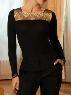 Shirt SUBLIME EN OR schwarz-gold Wolle Seide Spitze von Lise Charmel