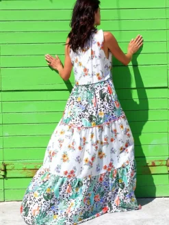 Strandkleid mit Seide FANTASIA BIANCO weiß grün von Laetitia Beachwear