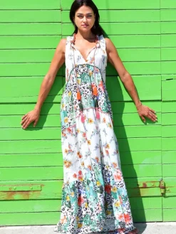 Strandkleid mit Seide FANTASIA BIANCO weiß grün von Laetitia Beachwear