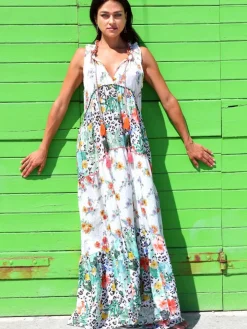 Strandkleid mit Seide FANTASIA BIANCO weiß grün von Laetitia Beachwear