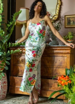 Stretchseide Nachtkleid lang OMERINE Blumenmuster von Marjolaine