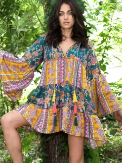 Tunikakleid mit Seide CATERINA grün-bunt von Laetitia Beachwear