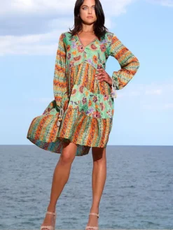 Tunikakleid mit Seide GINEVRA MENTA grün-orange von Laetitia Beachwear