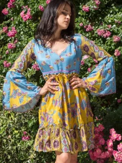 Tunikakleid mit Seide PAOLA blau-gelb von Laetitia Beachwear